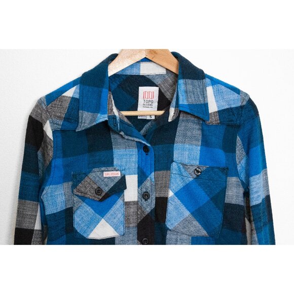 Topo Designs Womens Plaid Flannel Work Shirt Blue & White Size Small - Picture 3 of 12